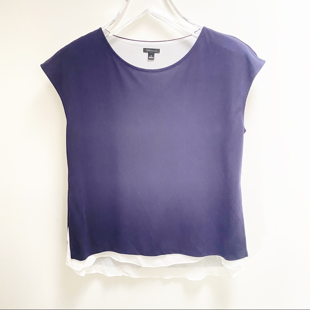 Ann Taylor Navy White Layered Top Dark Blue Rayon Polyester Two Layers Career